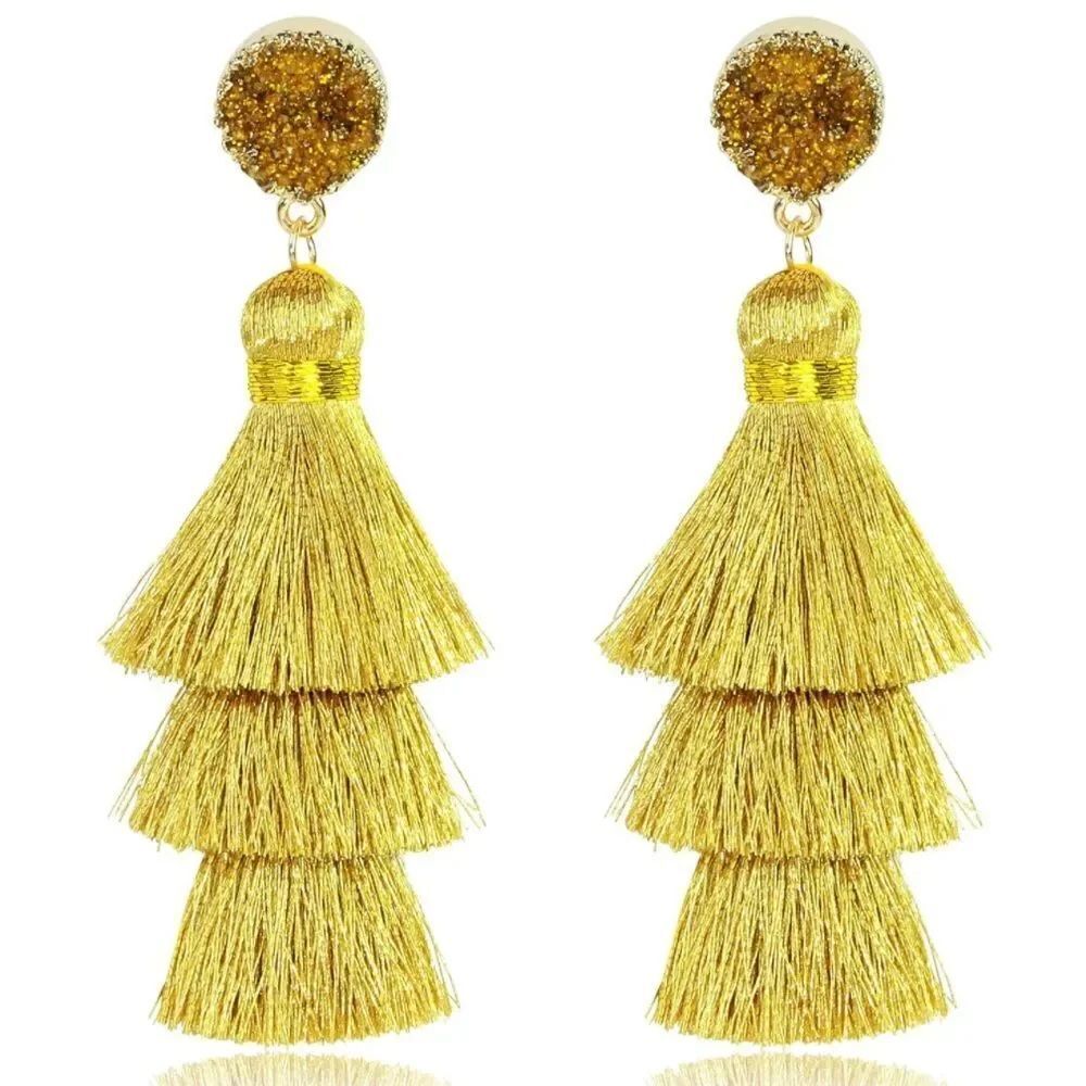 14K Yellow Gold with Gold Silk Thread Tassel and Quartz Druzy Post Drop Earrings